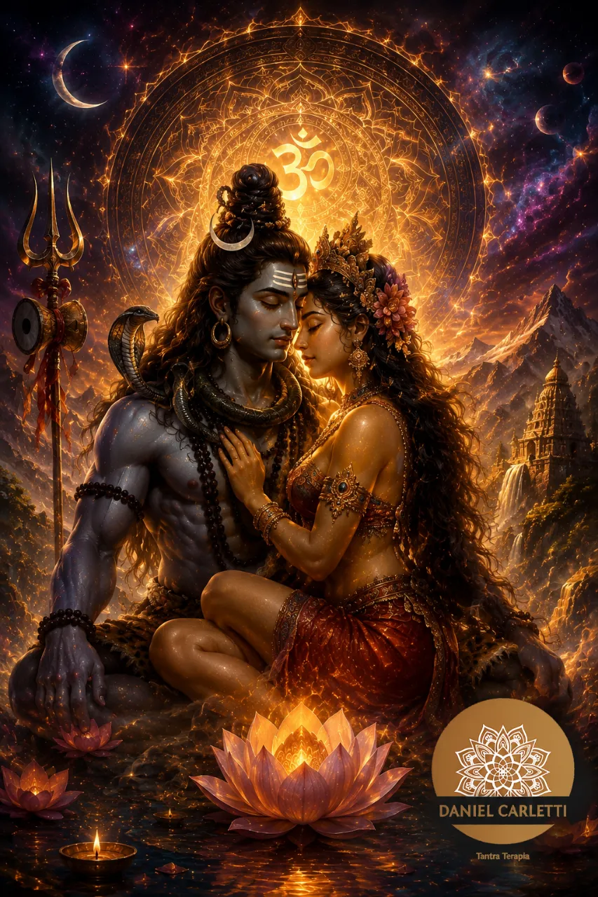 Ilustração simbólica de Shiva e Shakti em meditação, com lótus e mandala dourada, representando a integração entre consciência corporal e presença na abordagem tântrica de Daniel Carletti